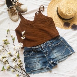 Brown Knit Crop Top, Spaghetti Strap
